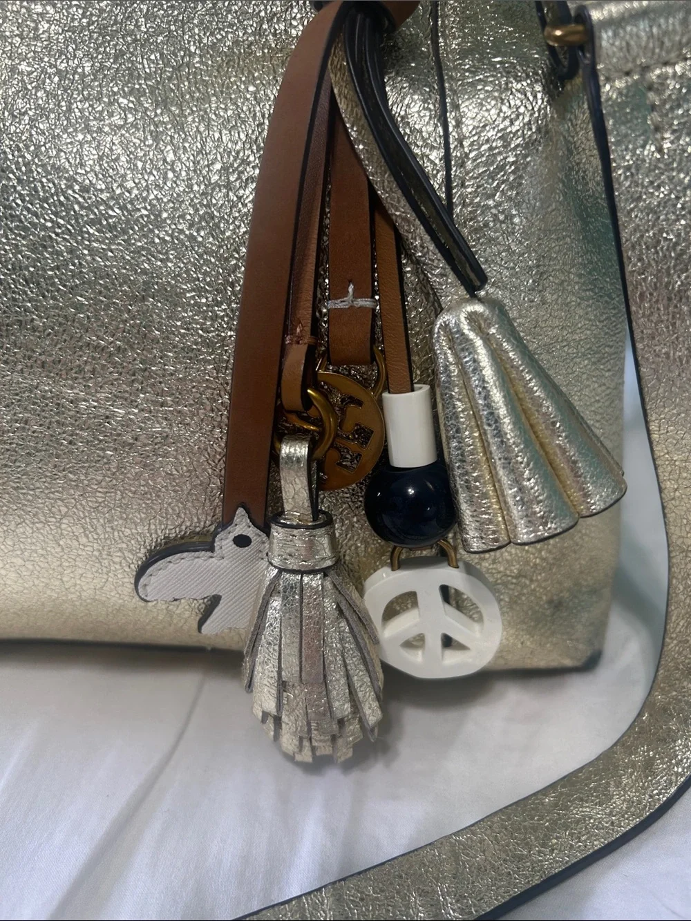 Tory Burch Metallic Gold Leather Satchel Top handle Crossbody Bag Tassel Charm